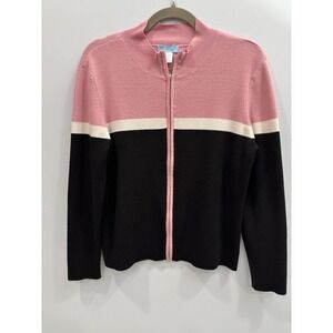 Jennifer Moore Full Zip Front Colorblock Sweater Pink Black M Preppy Knit Top